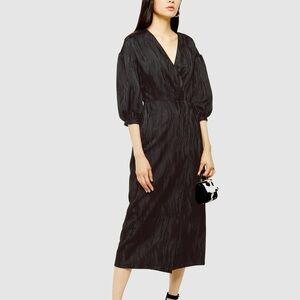 Top Shop | Black Printed Oversized Sleeve Wrap Midi Dress Size 6